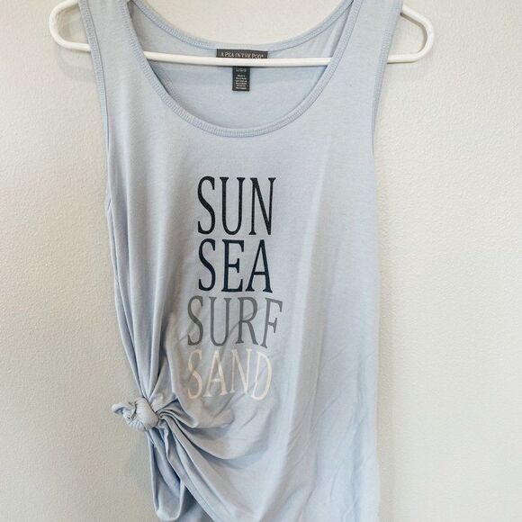 Pea in the Pod "Sun, Sea, Surf, and Sand" Blue Beach Maternity Tank Top, Large - Picture 1 of 5
